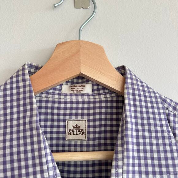 Peter Millar Gingham Print Long Sleeve Collared Button Up Shirt Purple XL - Picture 4 of 5